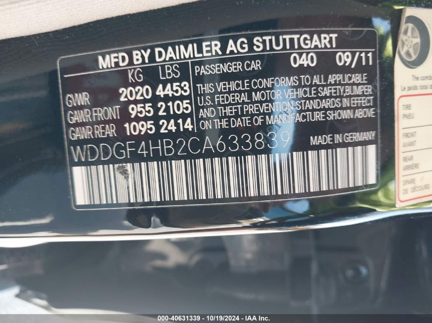 2012 Mercedes-Benz C 250 Luxury/Sport VIN: WDDGF4HB2CA633839 Lot: 40631339