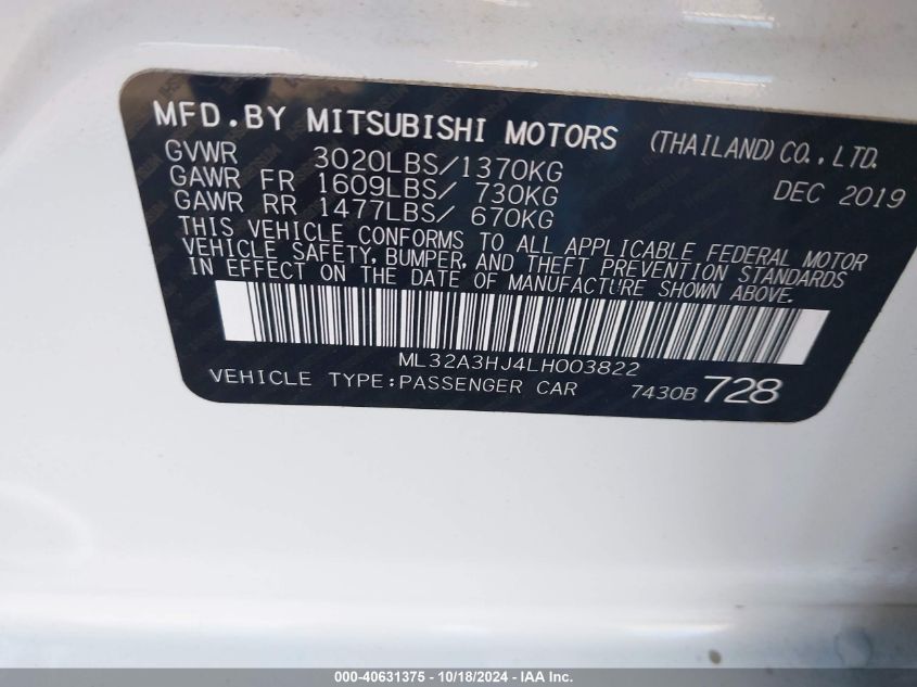 2020 Mitsubishi Mirage Es VIN: ML32A3HJ4LH003822 Lot: 40631375