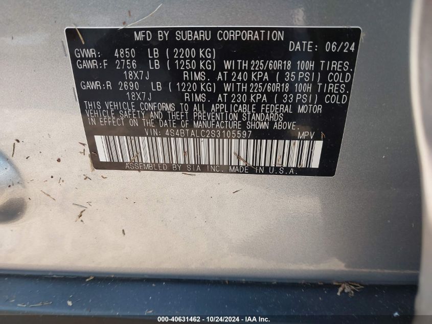 2025 SUBARU OUTBACK(VIN: 4S4BTALC2S3105597
