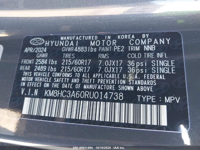 2024 Hyundai Kona Electric Sel VIN: KM8HC3A60RU014738 Lot: 40631494