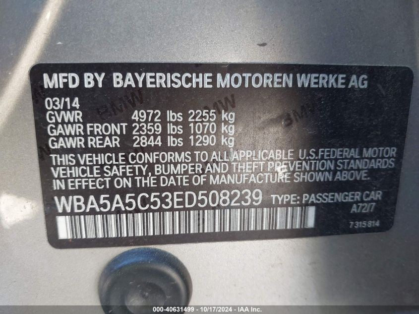 2014 BMW 528I VIN: WBA5A5C53ED508239 Lot: 40631499