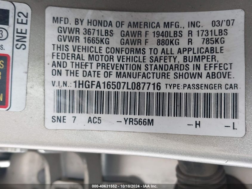 2007 Honda Civic Lx VIN: 1HGFA16507L087716 Lot: 40631552