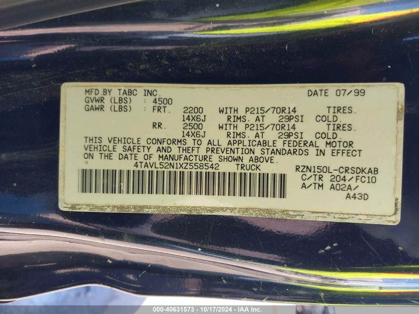 1999 Toyota Tacoma Xtracab VIN: 4TAVL52N1XZ558542 Lot: 40631573