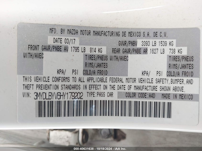 VIN 3MYDLBYV6HY179202 2017 TOYOTA YARIS IA