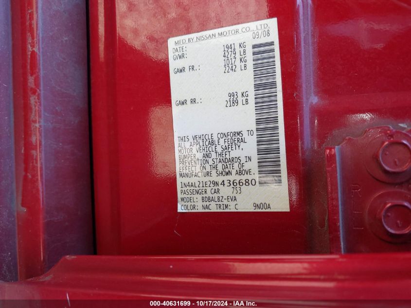 2009 Nissan Altima 2.5 S VIN: 1N4AL21E29N436680 Lot: 40631699