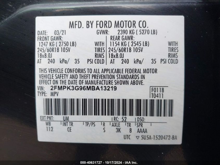 2021 Ford Edge Se VIN: 2FMPK3G96MBA13219 Lot: 40631727