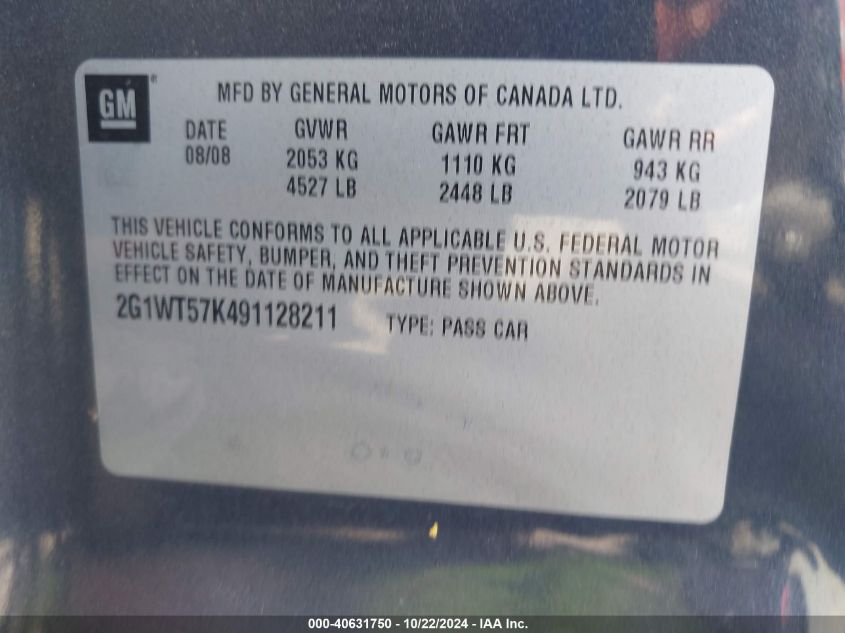 2009 Chevrolet Impala Lt VIN: 2G1WT57K491128211 Lot: 40631750