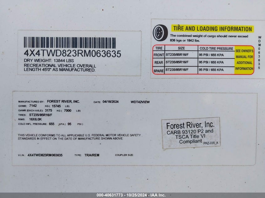2024 FOREST RIVER WILDWOOD(VIN: 4X4TWD823RM063635