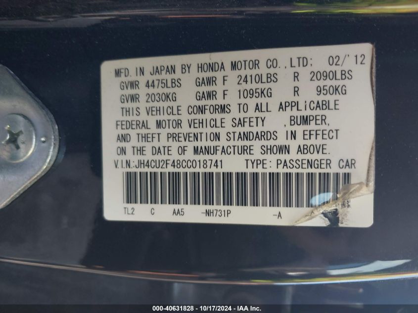 2012 Acura Tsx 2.4 VIN: JH4CU2F48CC018741 Lot: 40631828