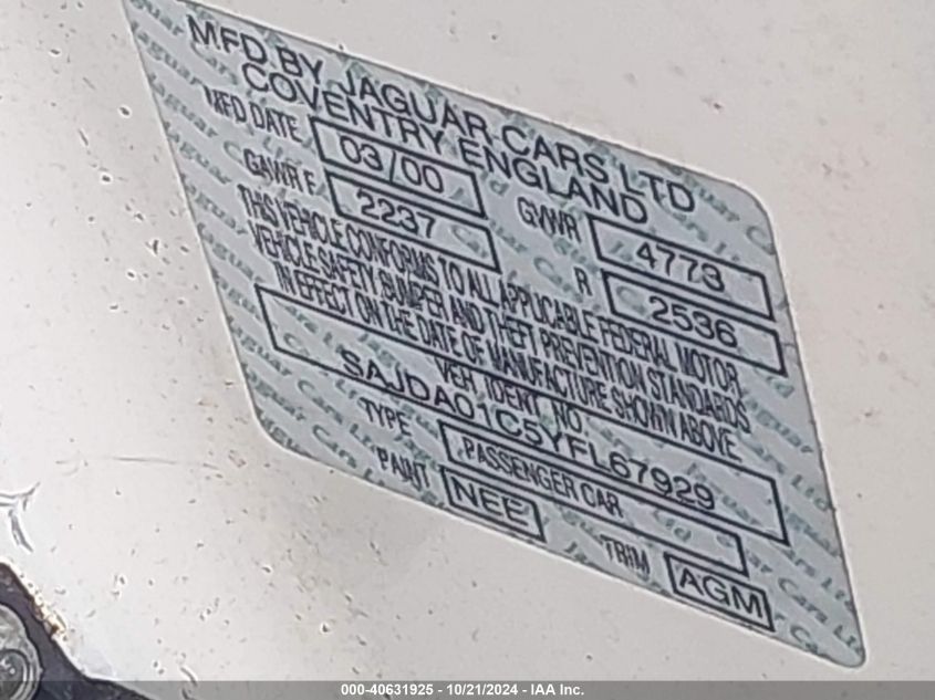 2000 Jaguar S-Type VIN: SAJDA01C5YFL67929 Lot: 40631925