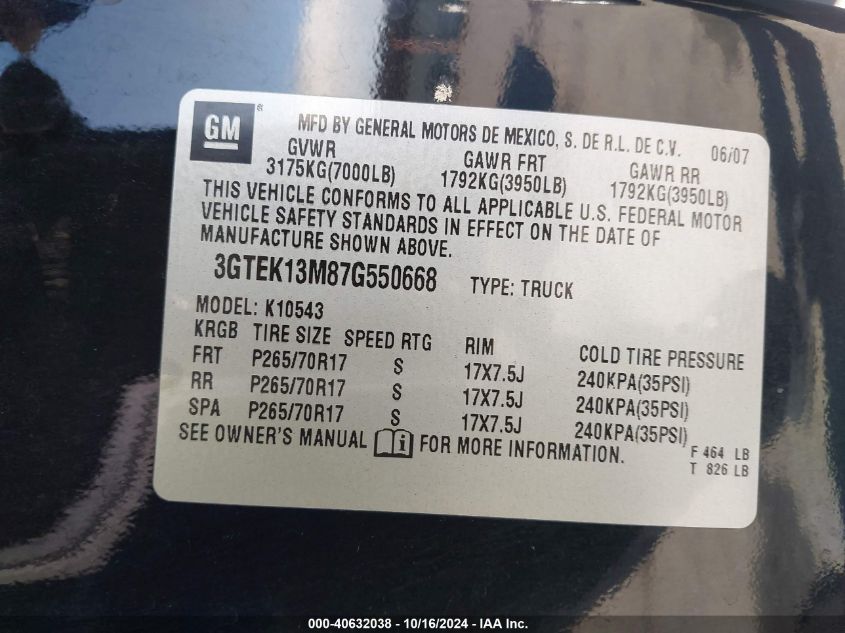 2007 GMC Sierra 1500 Sle2 VIN: 3GTEK13M87G550668 Lot: 40632038