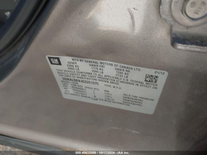 2012 Chevrolet Equinox 1Lt VIN: 2GNALDEK4C6251975 Lot: 40632059