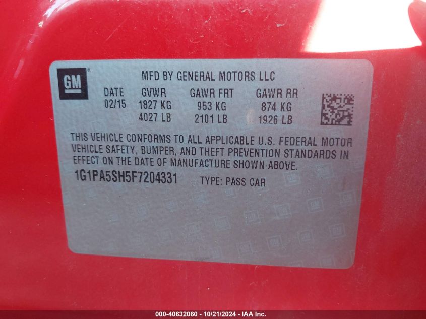 2015 Chevrolet Cruze Ls Auto VIN: 1G1PA5SH5F7204331 Lot: 40632060
