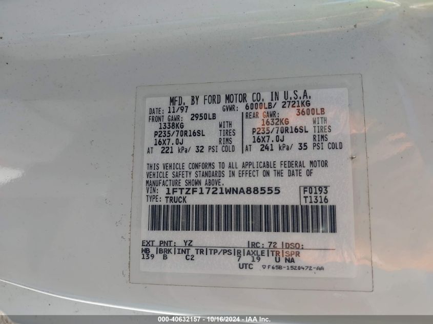 1998 Ford F-150 Standard/Xl/Xlt VIN: 1FTZF1721WNA88555 Lot: 40632157