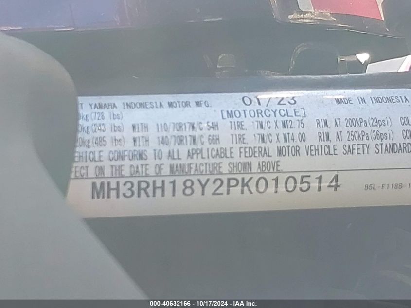 2023 Yamaha Yzfr3 A VIN: MH3RH18Y2PK010514 Lot: 40632166