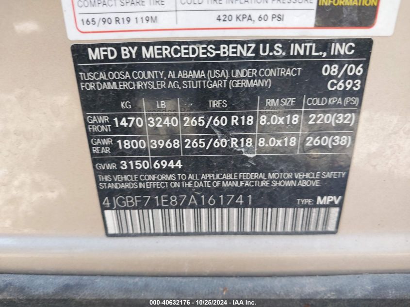 2007 Mercedes-Benz Gl 450 4Matic VIN: 4JGBF71E87A161741 Lot: 40632176