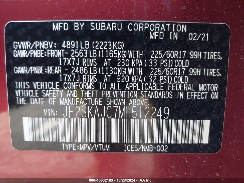 2021 Subaru Forester Premium VIN: JF2SKAJC7MH512249 Lot: 40632189