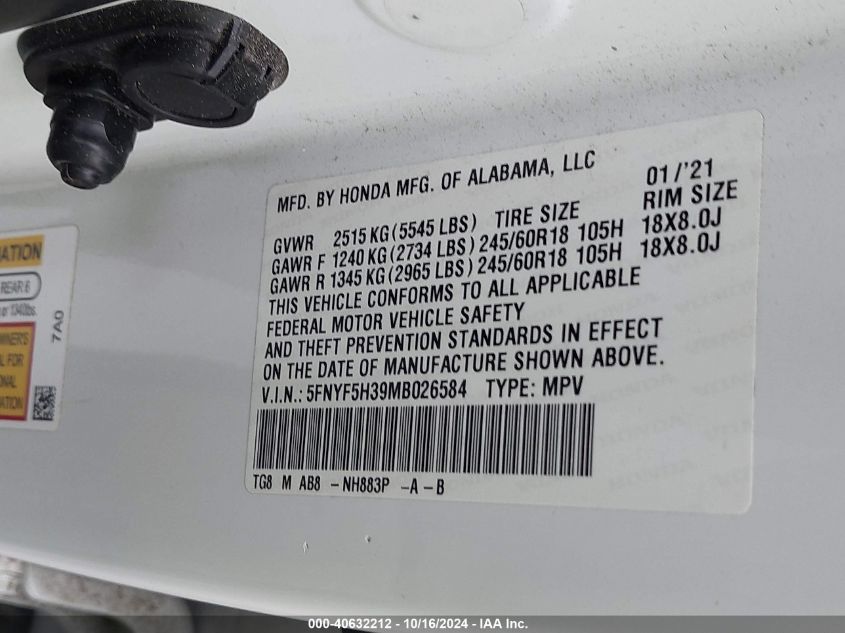 2021 Honda Pilot 2Wd Ex VIN: 5FNYF5H39MB026584 Lot: 40632212