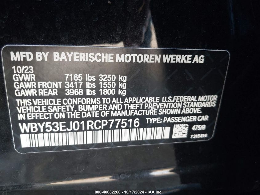 2024 BMW I7 xDrive60 VIN: WBY53EJ01RCP77516 Lot: 40632260