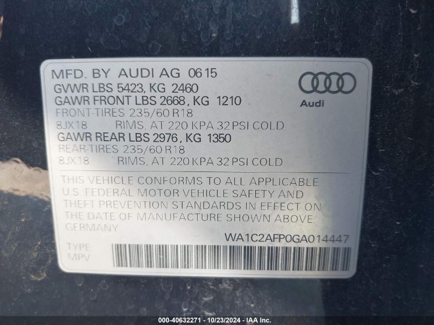 2016 Audi Q5 Premium VIN: WA1C2AFP0GA014447 Lot: 40632271