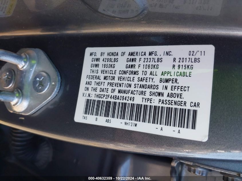 2011 Honda Accord 2.4 Lx-P VIN: 1HGCP2F44BA094249 Lot: 40632359