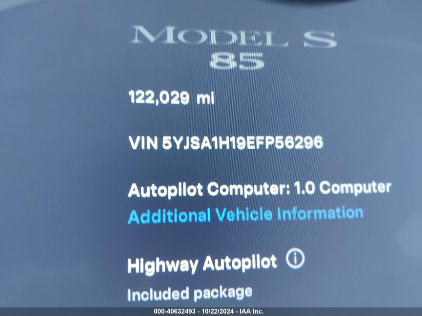 2014 Tesla Model S 60 Kwh Battery/P85 VIN: 5YJSA1H19EFP56296 Lot: 40632493