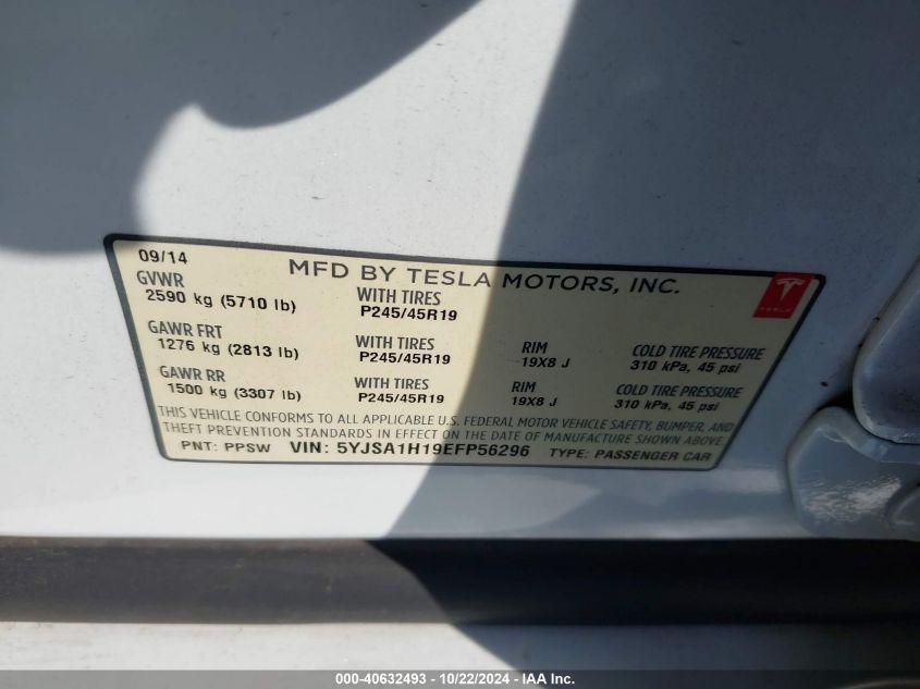 2014 Tesla Model S 60 Kwh Battery/P85 VIN: 5YJSA1H19EFP56296 Lot: 40632493