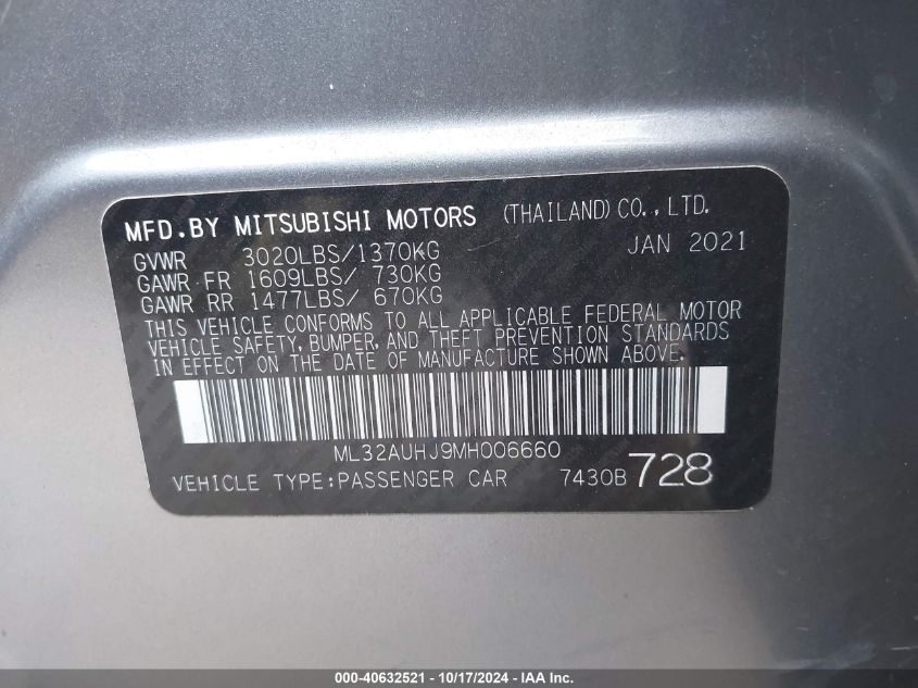 2021 Mitsubishi Mirage Carbonite Edition/Es/Le VIN: ML32AUHJ9MH006660 Lot: 40632521