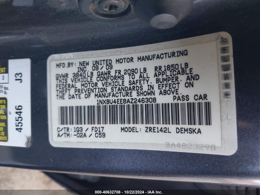 2010 Toyota Corolla S VIN: 1NXBU4EE8AZ246308 Lot: 40632708
