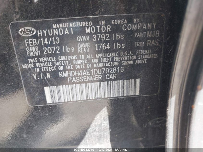 2013 Hyundai Elantra Gls VIN: KMHDH4AE1DU792813 Lot: 40632710