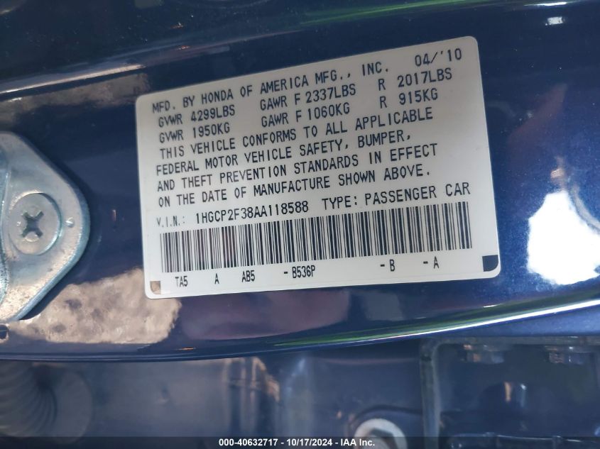 2010 Honda Accord 2.4 Lx VIN: 1HGCP2F38AA118588 Lot: 40632717