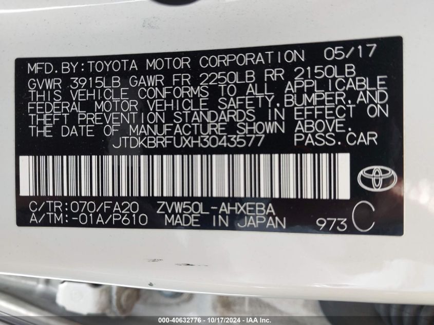 2017 Toyota Prius Two VIN: JTDKBRFUXH3043577 Lot: 40632776