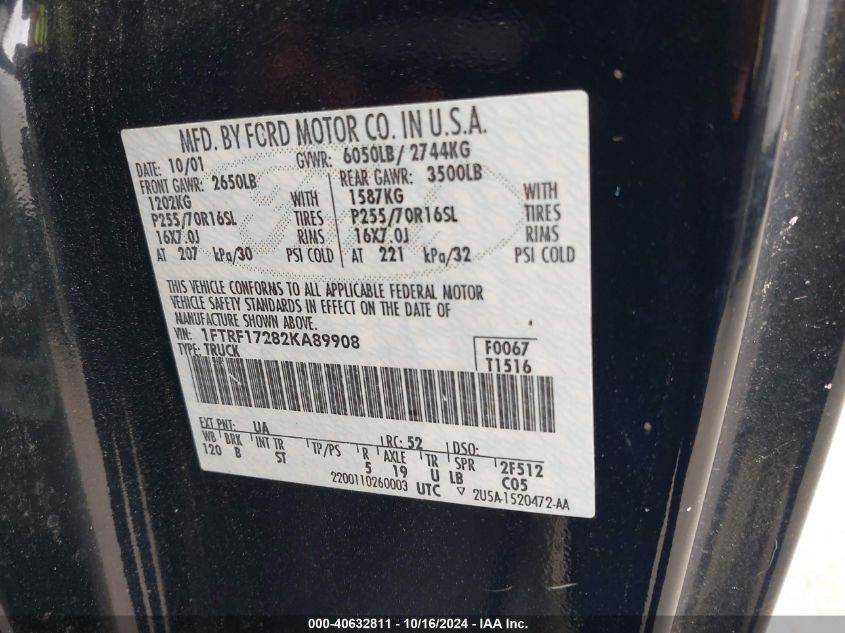 2002 Ford F-150 Xl/Xlt VIN: 1FTRF17282KA89908 Lot: 40632811