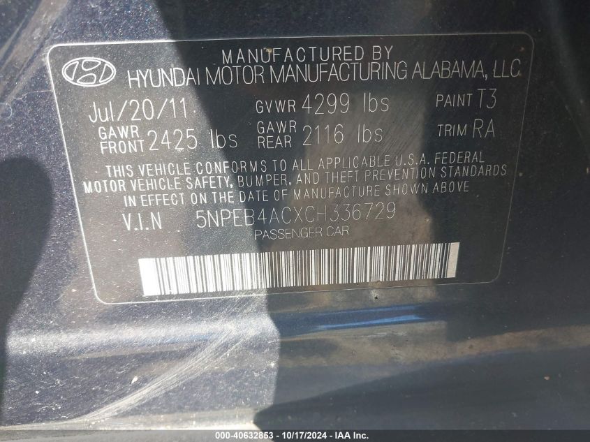 2012 Hyundai Sonata Gls VIN: 5NPEB4ACXCH336729 Lot: 40632853