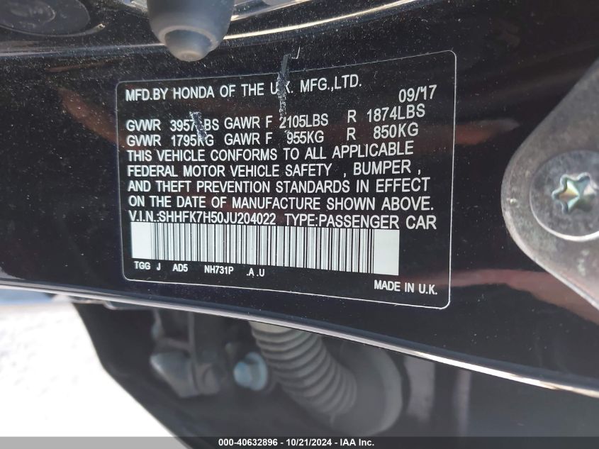 2018 Honda Civic Ex VIN: SHHFK7H50JU204022 Lot: 40632896