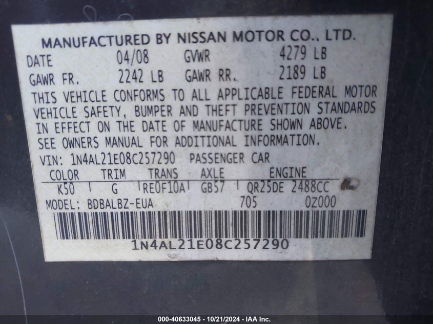 2008 Nissan Altima 2.5/2.5S VIN: 1N4AL21E08C257290 Lot: 40633045