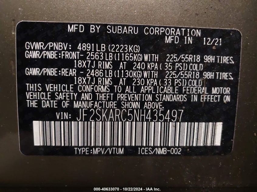 2022 SUBARU FORESTER TOURING - JF2SKARC5NH435497