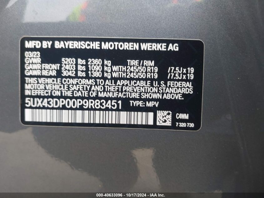 2023 BMW X3 Sdrive30I VIN: 5UX43DP00P9R83451 Lot: 40633096