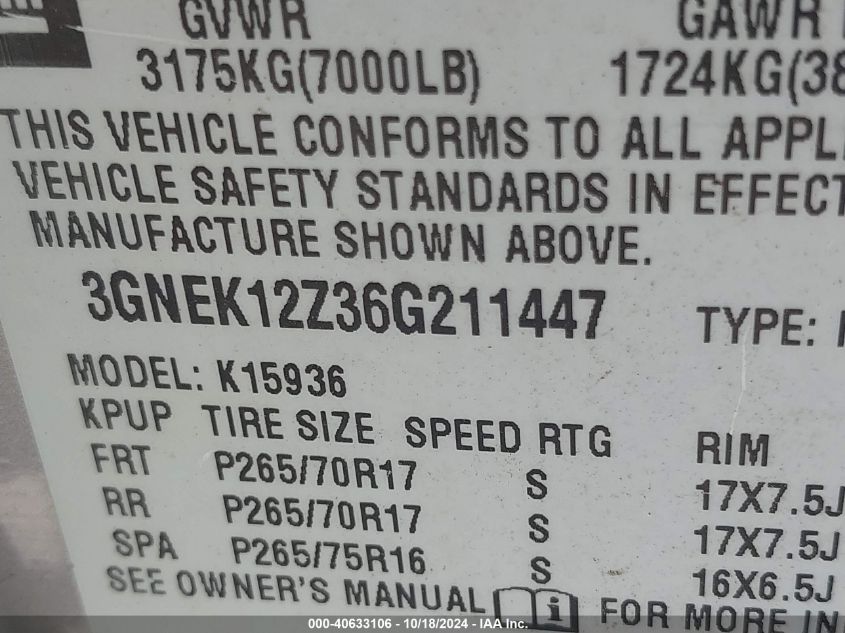 2006 Chevrolet Avalanche 1500 Z71 VIN: 3GNEK12Z36G211447 Lot: 40633106