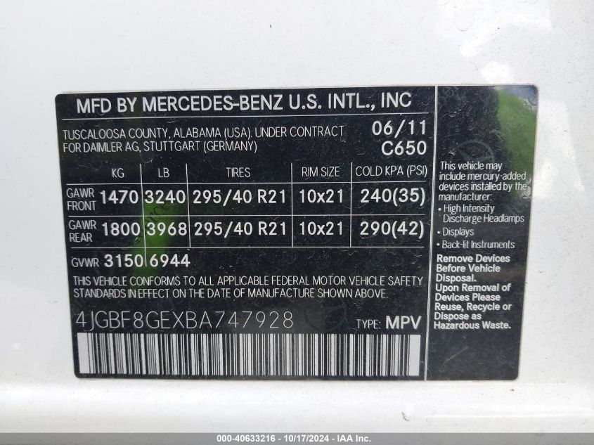 2011 Mercedes-Benz Gl 550 4Matic VIN: 4JGBF8GEXBA747928 Lot: 40633216