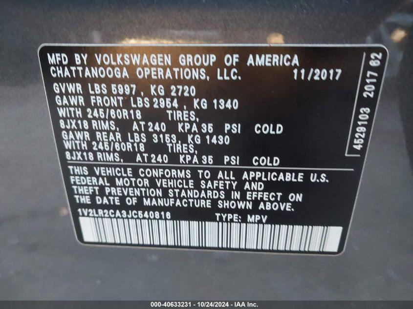 2018 Volkswagen Atlas Se VIN: 1V2LR2CA3JC540816 Lot: 40633231