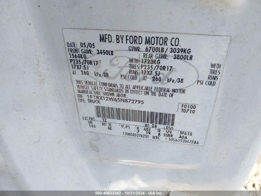 2005 Ford F-150 Stx/Xl/Xlt VIN: 1FTRX12W65NB72795 Lot: 40633342