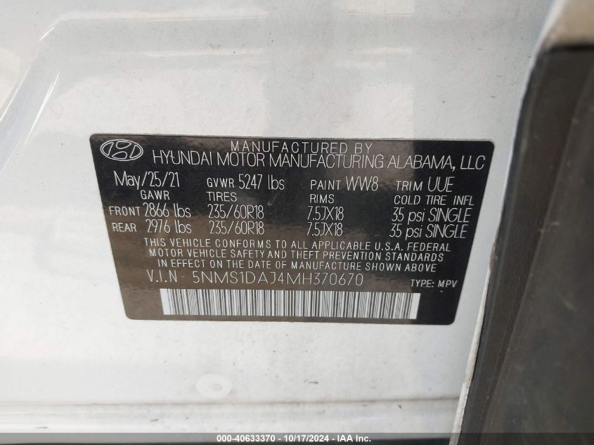 2021 Hyundai Santa Fe Se VIN: 5NMS1DAJ4MH370670 Lot: 40633370