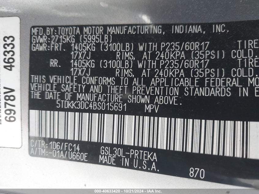 2011 Toyota Sienna Le V6 VIN: 5TDKK3DC4BS015691 Lot: 40633420