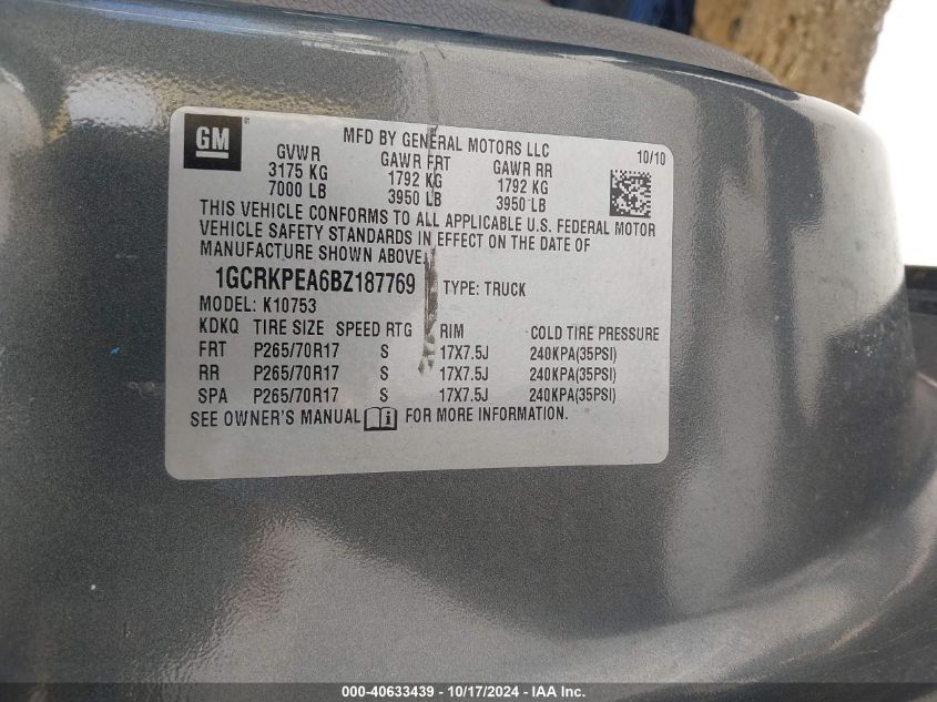 2011 Chevrolet Silverado 1500 K1500 VIN: 1GCRKPEA6BZ187769 Lot: 40633439