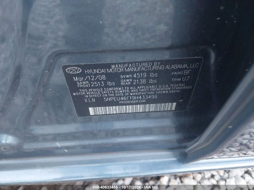 2009 Hyundai Sonata Se V6 VIN: 5NPEU46F19H433498 Lot: 40633455