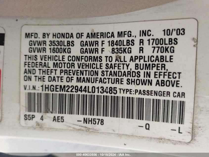2004 Honda Civic Ex VIN: 1HGEM22944L013485 Lot: 40633556