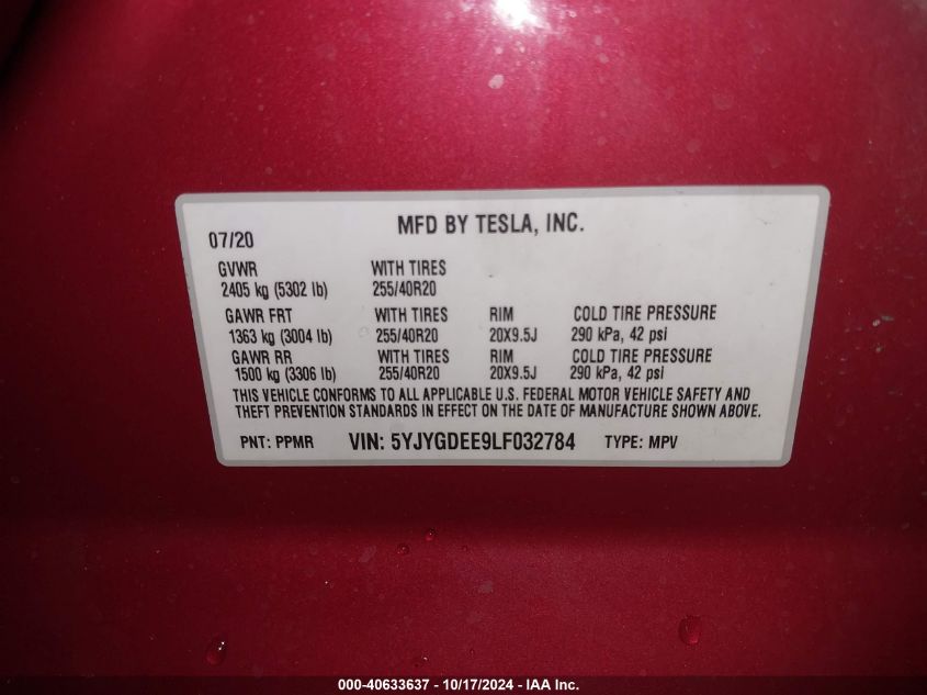 2020 Tesla Model Y Long Range Dual Motor All-Wheel Drive VIN: 5YJYGDEE9LF032784 Lot: 40633637