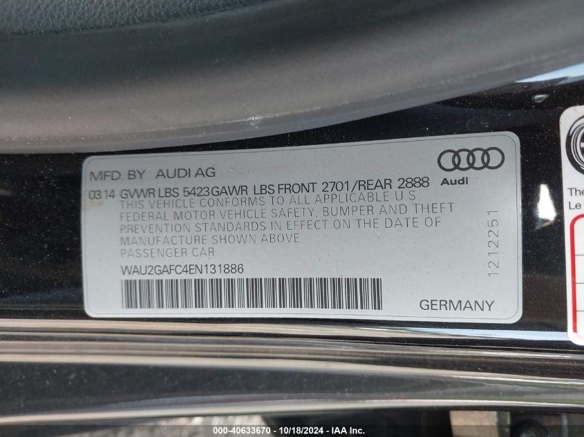 2014 Audi A7 3.0T Premium Plus VIN: WAU2GAFC4EN131886 Lot: 40633670