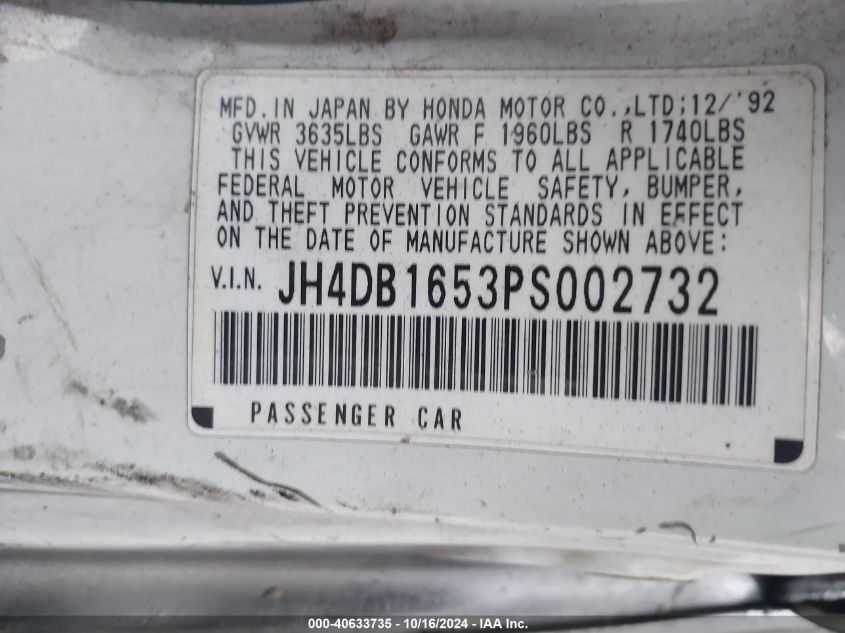 1993 Acura Integra Ls VIN: JH4DB1653PS002732 Lot: 40633735